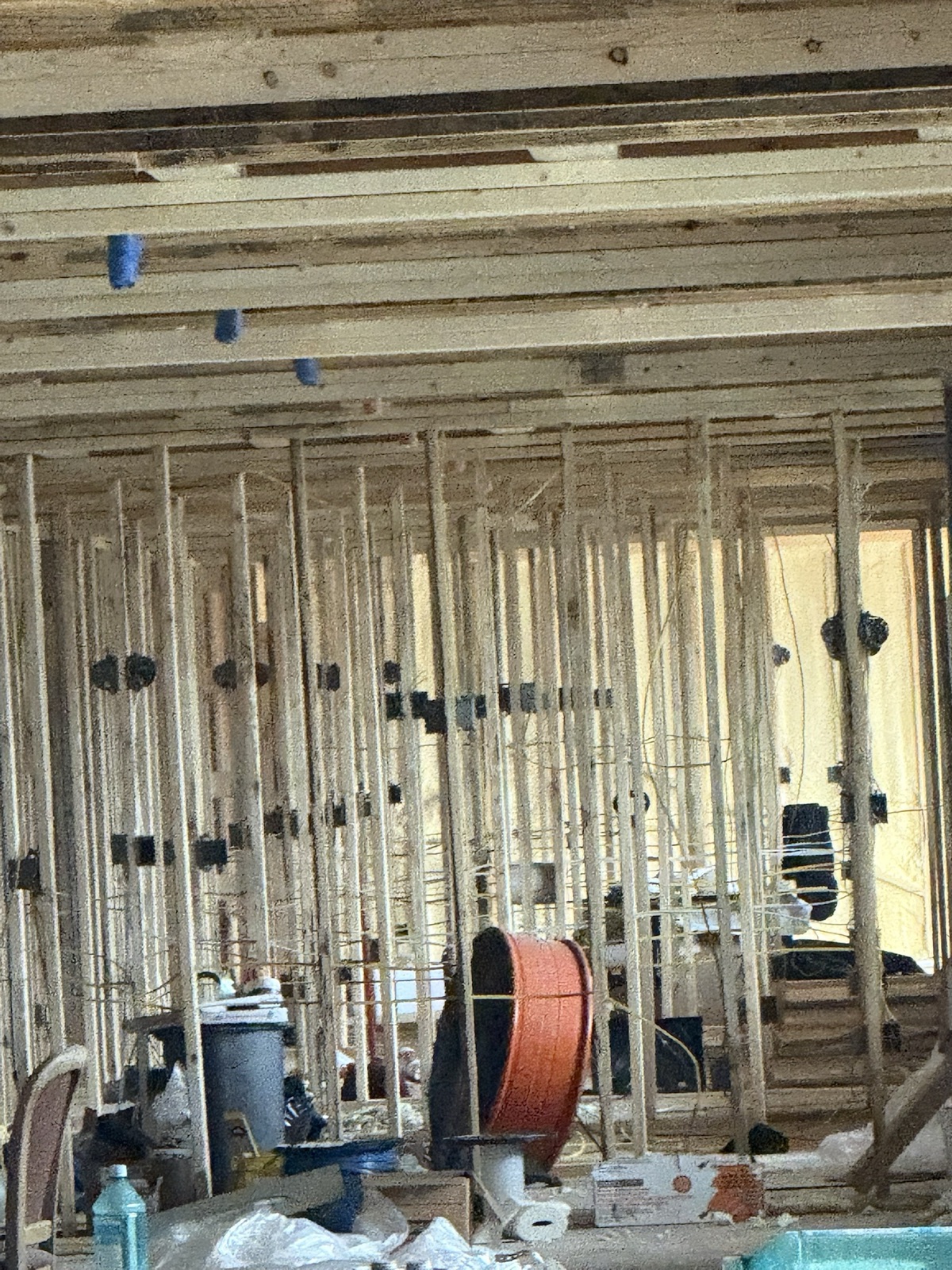 The wall run, foamed between the studs.