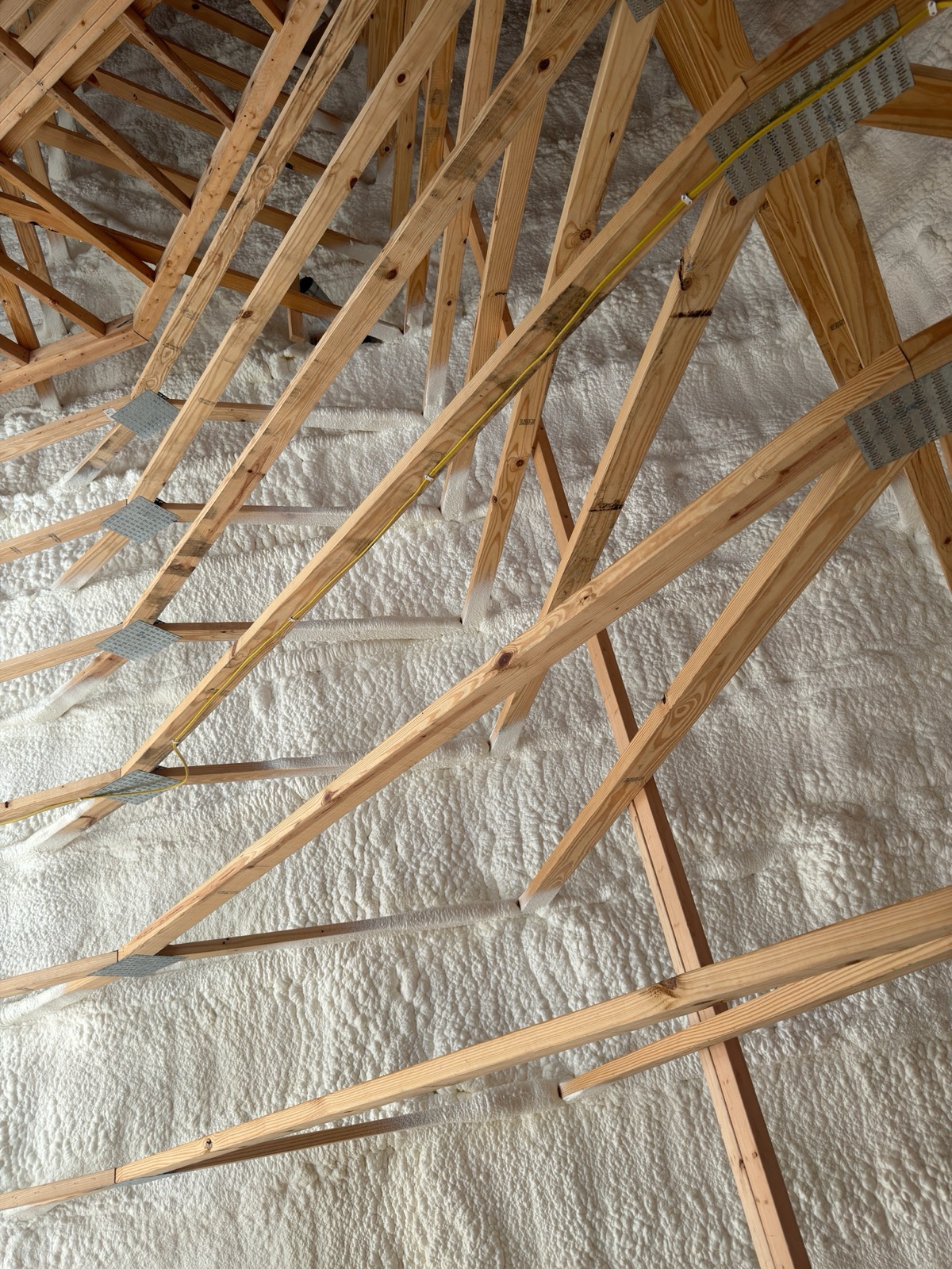 Trusses and wiring running through the foamed roof.