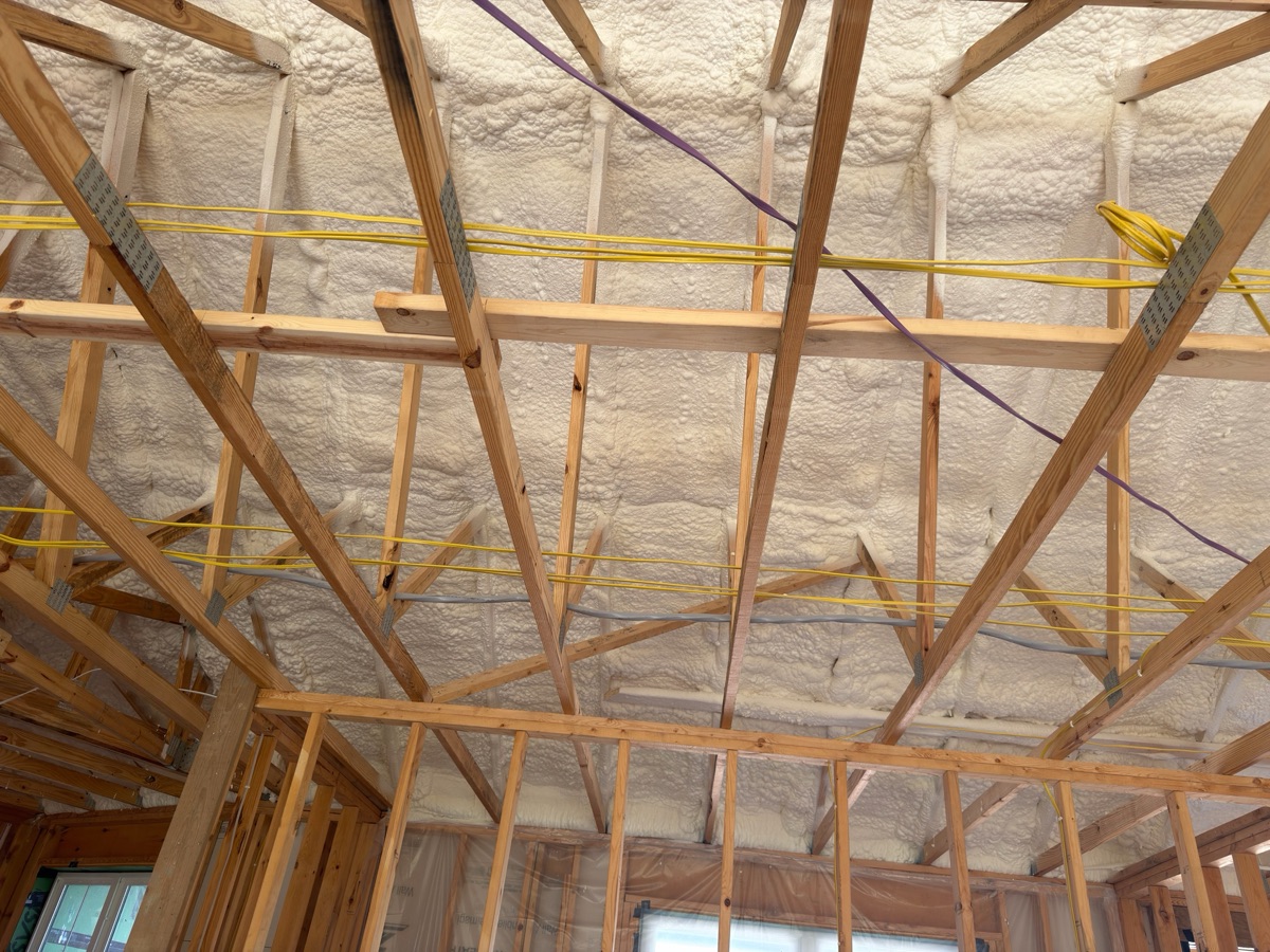 A foamed vaulted ceiling above the framing.